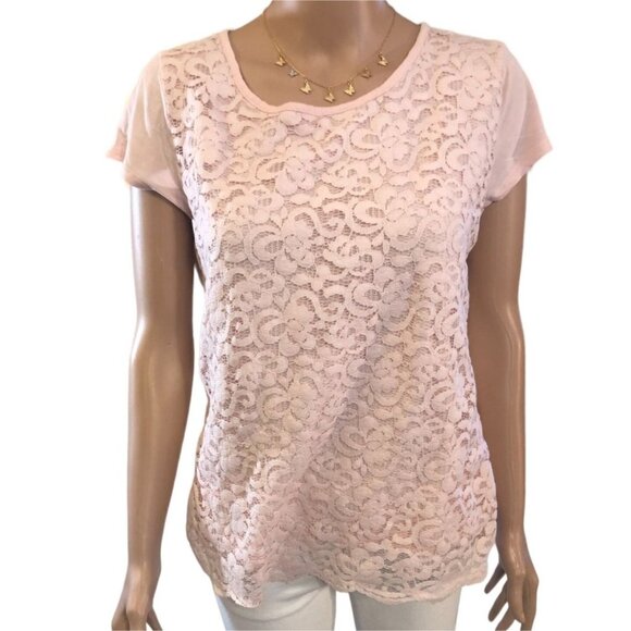 New York & Company Tops - (6 for $25) New York & Company Pink Lace Short Sleeve top size Large